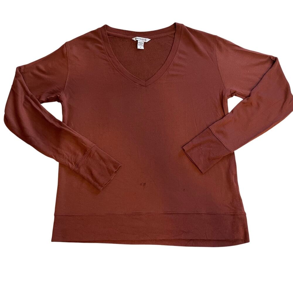 Athleta Burnt Orange V Neckline Long Sleeve Relaxed Athleisure Sweater/Tee Med